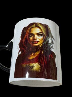 Harley Quinn Ceramic Coffee Mug with Heart-Shaped Handle, White and Black, 11 oz